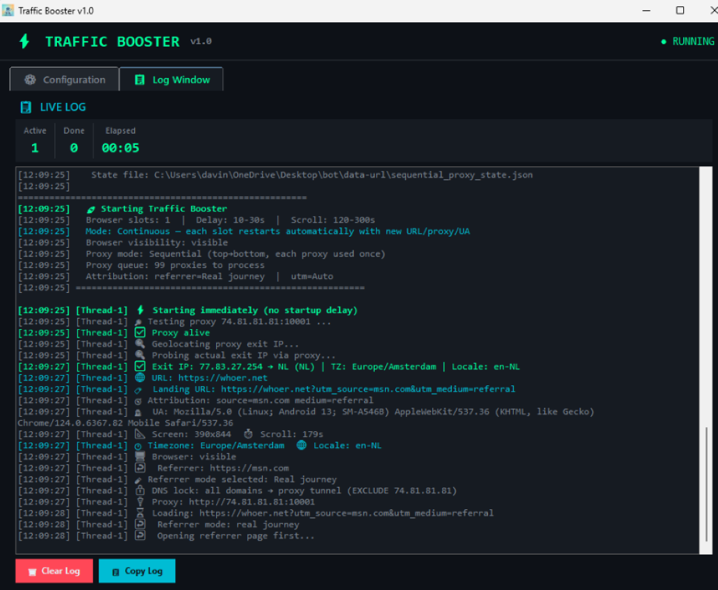 Traffic Booster live log preview